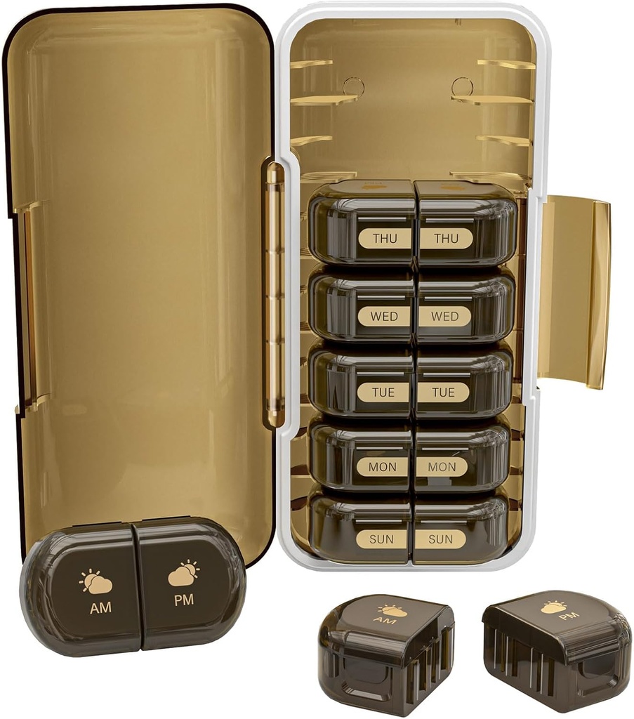 Cotygodniowy Pill Organizer 2 razy dziennie, Moisture- Dowód, Odłączalne Komory, PM Pill Box 2X 7 Dzień, Travel Pill Organizer for Pills / Olej rybny / Leki / Witamina / Suplementy (Brown)
