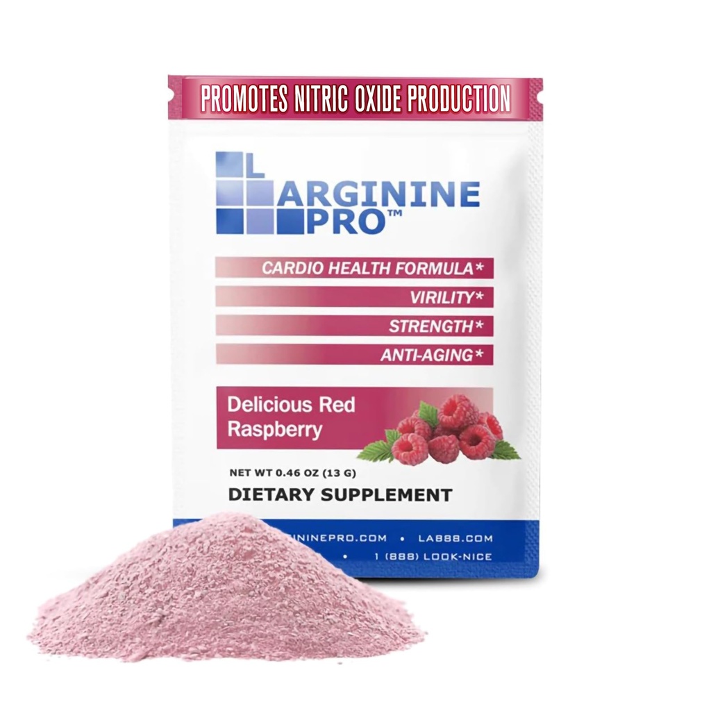 L- ARGININE PRO Suplement Proszek Dwudziesty czwarty; 30 Pakiety Pojedynczy Podróż Rozmiar 124; 5,500mg L- argininy Plus 1,100mg L- cytruliny, Malina
