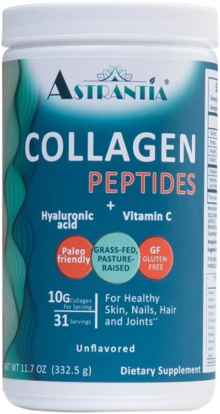 ASTRANTIA Collagen Peptydes Proszek, Nieflawowany Kolagen z kwasem hialuronowym i witaminą C dla zdrowych paznokci, skóry, włosów i połączeń 124; Paleo Friendly 124; Gluten Free 124; Nie GMO 124; 11.7 OZ