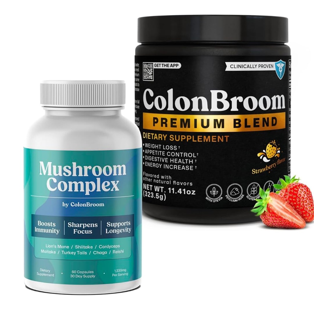 ColonBroom Premium Powder Supplement (Strawberry, 50 Servings) + Mushroom Complex, Powerful Mushroom Blend with Cordyceps, Reishi, Shiitake, Lion’s Mane Extract for Energy, Immunity (60 Capsules)