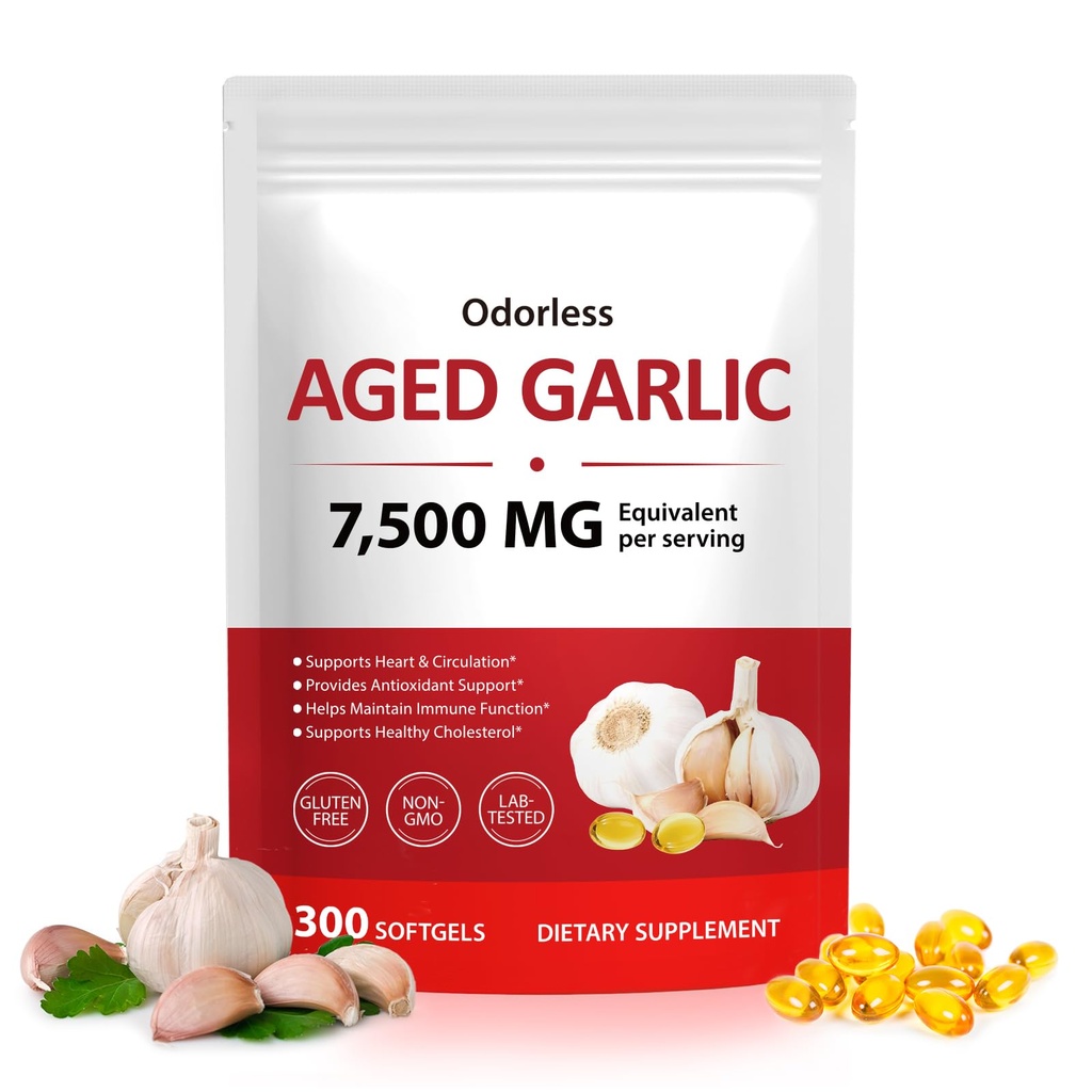 Odorless Aged Garlic Extract, 300 Softgels – Aged Garlic Supplement for Heart Health, Immune Support & Antioxidant – Non-GMO, Gluten-Free, Stomach-Friendly