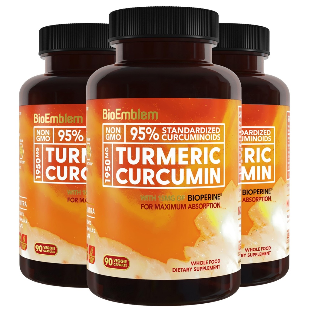 BioEmblem Kurkumina Kurkumina Suplement z BioPerine 124; Wspólne wsparcie i zdrowie serca 124; Organic Turmeric Powder & 95% Kurkuminoidy Ekstrakt 124; Kalifornia Made, Non-GMO, 90@-@ Day Supply