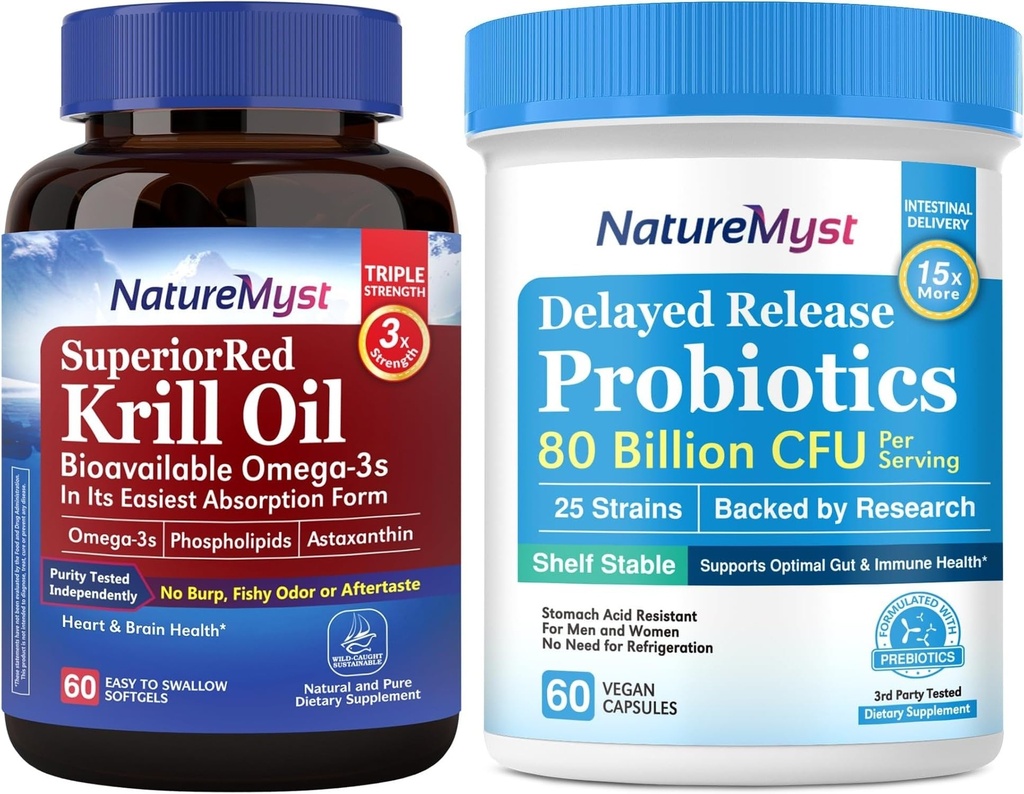 Kryll Oil 1000mg i Probiotyka Bundle, Omega 3 z DHA EPA & Astaxanthin, Plus 80 Miliard CFU 25 Cieśniny, Gut, Serce i funkcje immunologiczne, Non-GMO, Made in USA, 60 Softgels + 60 Kapsułki