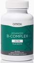 Omax3 Zaawansowany kompleks witaminy B 50MG z Biotin 124; Silne i błyszczące włosy, paznokci skóry, Stres podtrzymujący, Immunitet, Energia Metabolizm, 90 Kapsułki