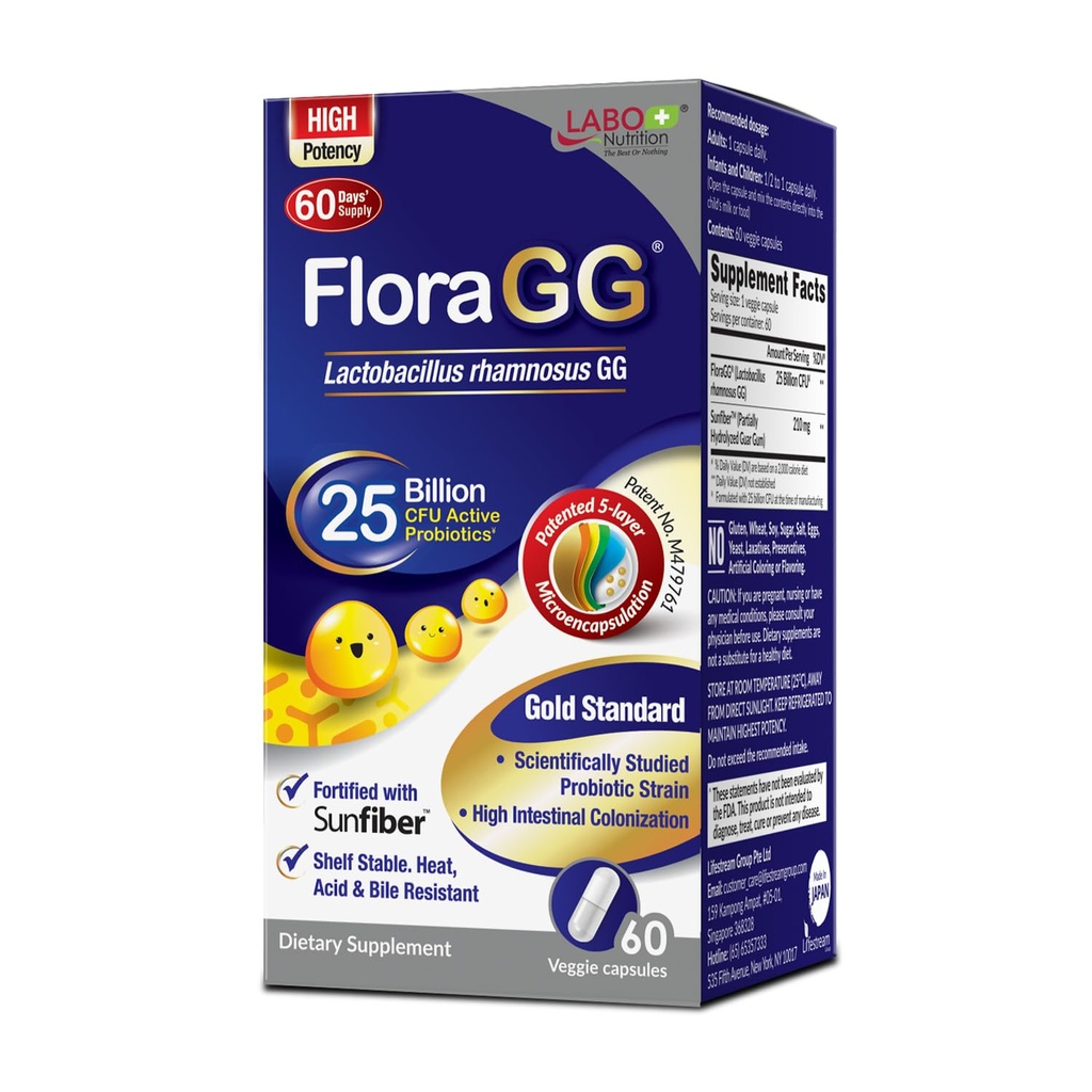 Labo Nutrition FloraGG Lactobacillus Rhamnosus LGG 25 Billion CFU Daily (LGG Probiotic with Sunfiber) 5- Layer Microencapsulated L. Rhamnosus Supplement Supplement 124; Trawienie i wsparcie immunologiczne