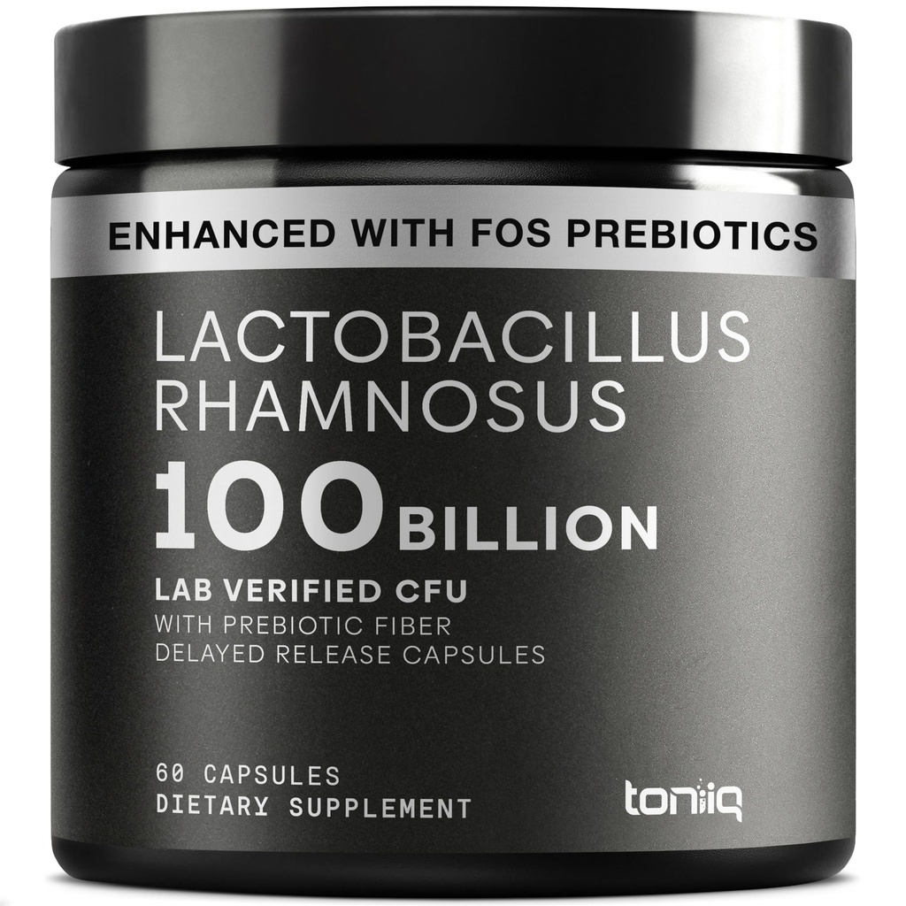 Toniiq Lactobacillus Rhamnosus - Ultra High Strength 100B CFU with Prebiotic FOS - Opóźnione uwalnianie kapsułki - Third- Party Lab Tested - 60 kapsułki