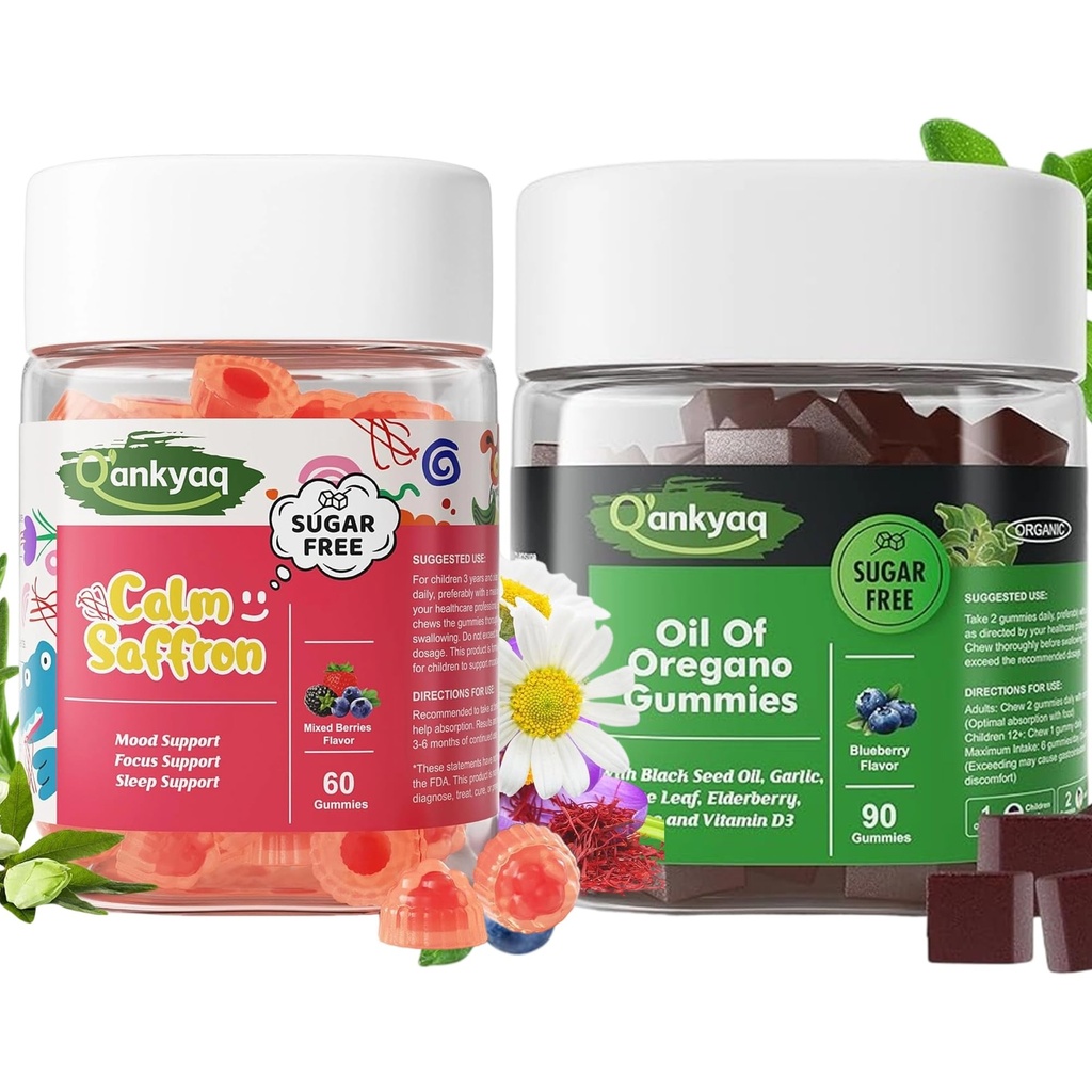 Q'ankyaq Oregano Oil with Black Seed Oil Organic Gummies for Kids and Adults, Kids Saffron Gummies,