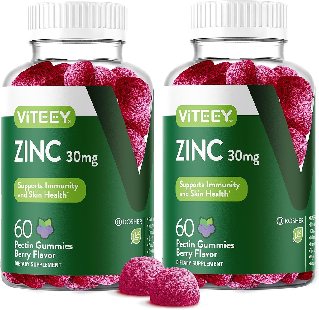 Gumy cynku Viteey dla mężczyzn i kobiet - Suplementy cynku 30mg - Immune Boost & Skin Health - Wegan, Gluten Free - 120 Count