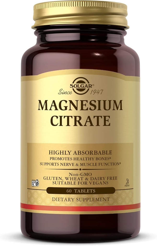Solgar Magnezu Citrate - 60 Tablets - Promotes Healthy Bones, Wspomaga Nerve & funkcje mięśni - Wysoko absorbowalne - Non- GMO, Wegan, Gluten Free, Kosher - 30 Służenie
