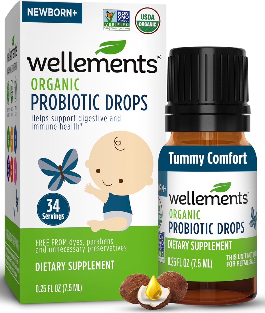 Wellements Organic Baby Probiotic Drops (0.25 Fl Oz) - Digestive & Immune Support for Infants - Toddler Probiotic Helps with Newborn+ Gut Health, Gas, Constipation & Colic Support - Preservative Free