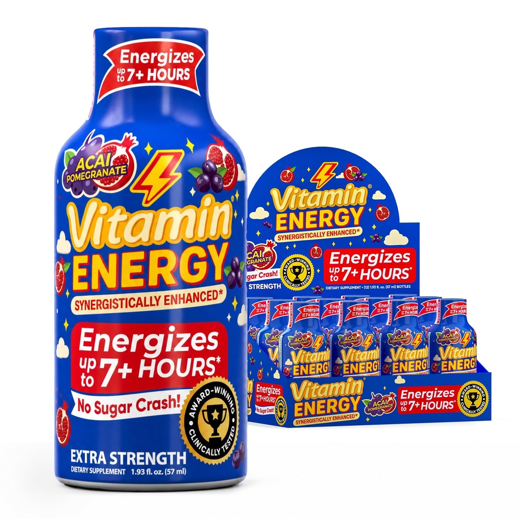 Witamina Energia B12 11,000% Dodatkowa Energia Energy Shot Açaí Pomegranat 12 Pack, 260mg Naturalna kofeina, B12 & B6, Nootropowe Focus, Witalność, Zero Cukier, Gluten- Free, Wegan, Kosher, 1.93 fl oz