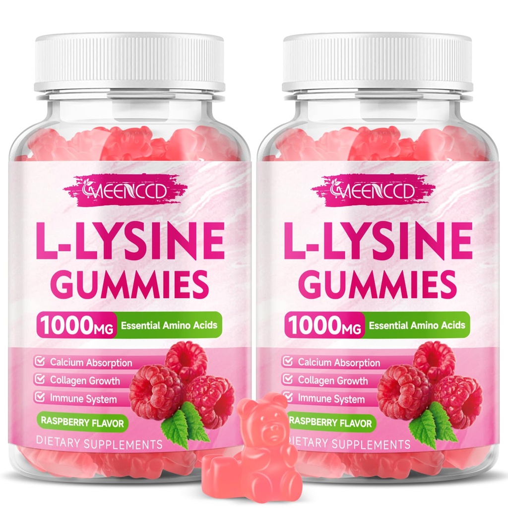 2 Pack L- Lysine 1000mg Gummies, Suplement Lysine dla dorosłych i dzieci, Esential Amino Acid for Lips & Oral Health, Boost Immune & Collagen & Wapnia, Sugar- Free, Malina Flavor, 120 Count