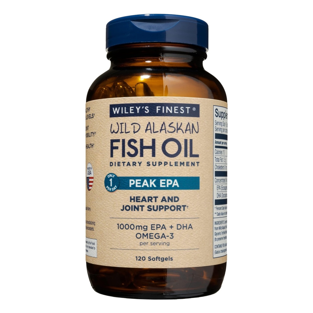 Wiley 's Finest Wild Alaskan Fish Oil Peak EPA - Triple Force Peak EPA & DHA Supplement - 1000mg Fish Oil - Omega- 3 s for Joint Health Support - 120 Softgels (120 Servings)