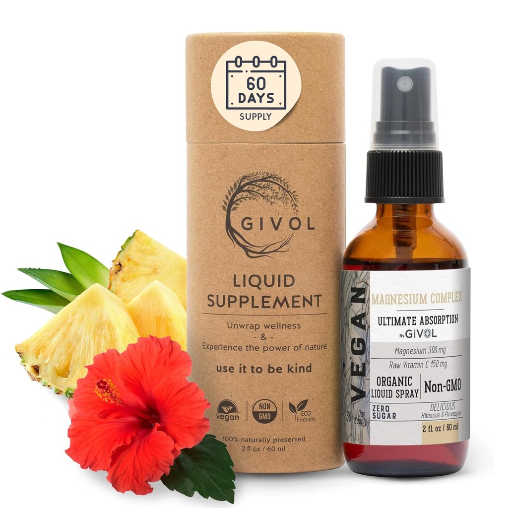 Tri Magnezu Complex - Magnez Biglicinate, Cytrate & Taurate Liquid Spray 300mg / Surowa witamina C do promowania spokoju, Dekompresja ciała - Hibiscus & Ananas Flavor 60ml (2oz)