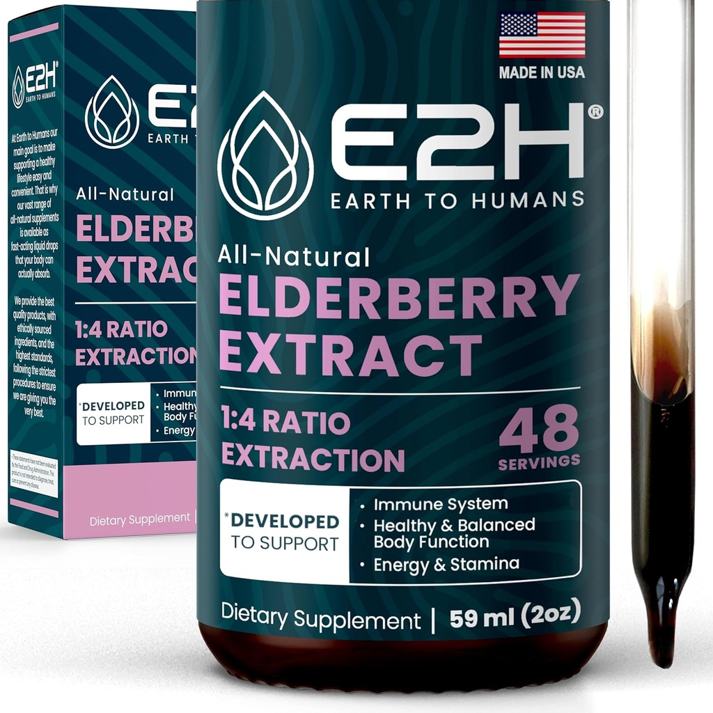 E2H Syrop Elderberry - Powerfull Antioksydants Supplement from Organic Elderberry Extract - Sambucus Elderberry Syrop dla dzieci i dorosłych dla immunologicznego wsparcia - Non-GMO, Vegan - 2 Fl Oz