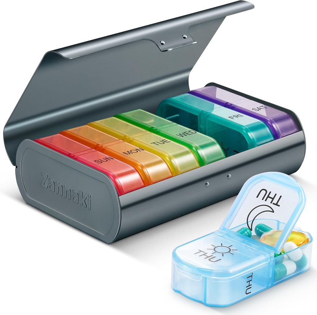 Zannaki Metal XL Weekly Pill Organizer 2 Times a Day, Large Travel Daily Pill Box 7 Day, Portable Week Twice Pill Holder Container, AM PM Pill Case for Medicine Vitamin Medication Supplement, Grey