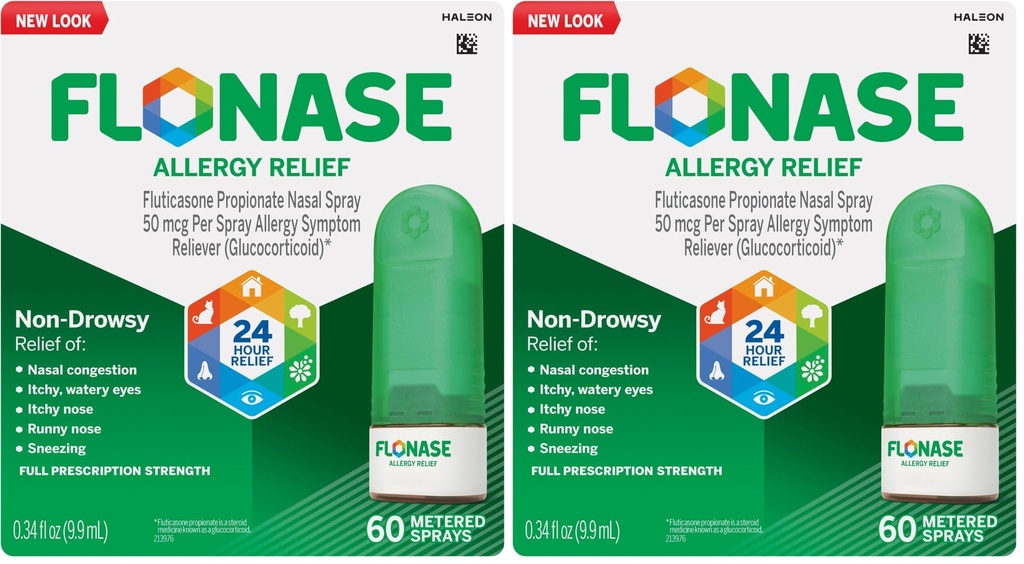 Flonase Allergy Relief Nasal Spray,24 Hour Non Drowsy Allergy Medicine,Metered Nasal Spray - 60 Sprays,(Pack of 2)