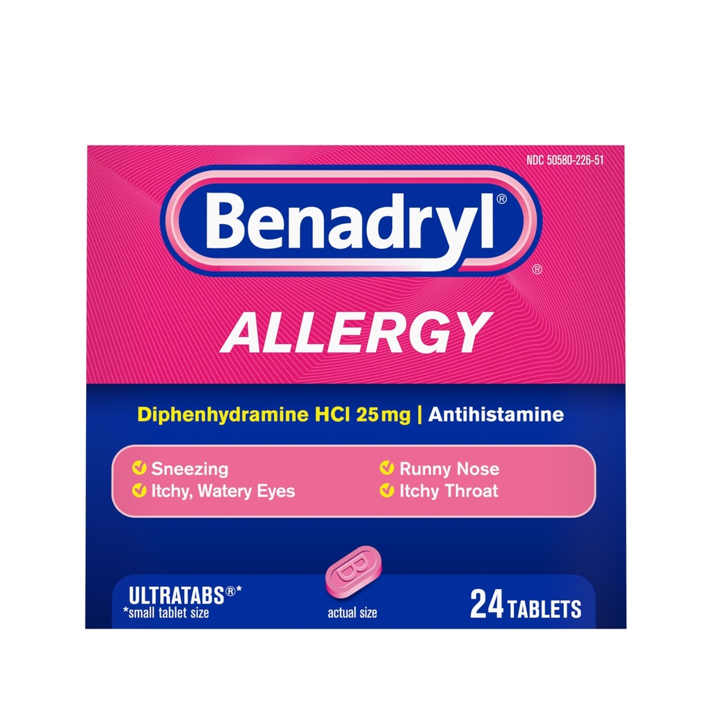 Benadryl Ultratabs Allergy Relief Medicine, 25 mg Diphenhydramine HCl Antihistamine Tablets For Relief of Cold & Allergy Symptoms Like Sneezing, Runny Nose, & Itchy Eyes & Throat, 24 ct