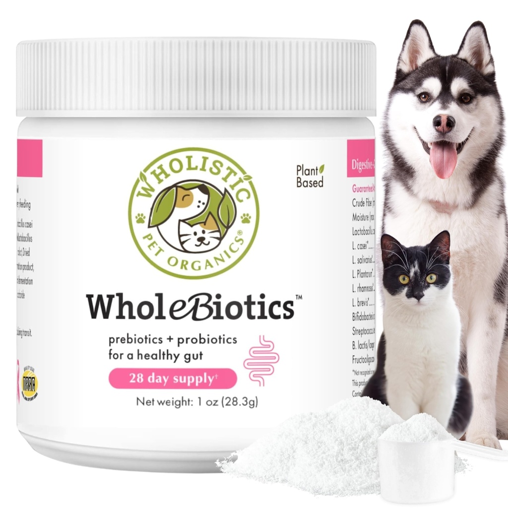 Wholistic Pet Organics WholeBiotics - Codzienne Psie Probiotyki na Poparcie Zdrowia i Immunitet - 9 Szczepów - Prebiotyki i Probiotyki dla Psów i Koty - Gut Health for Dogs - 1 Oz - 28 Scoops