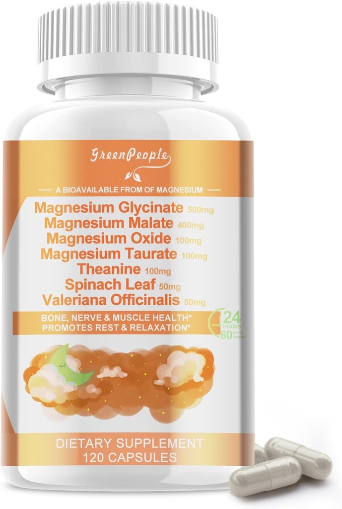 Glicynian magnezu 500 mg na jedną porcję, z jabłkiem, tauratem i tlenkiem, suplement magnezu do wsparcia mięśni, kości, snu i trawienia, 120 kapsułki wegańskie, nieGMO