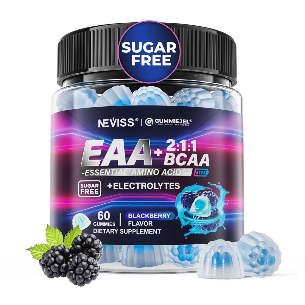 EAA Gummies Supplements, All 9 Essential Amino Acids Supplement, BCAA Amino Acids Gummies for Men Women│Branched-Chain Aminos & Electrolyte Hydration Gummies│Gluten Free, Raspberry Flavor, Vegan, 60ct