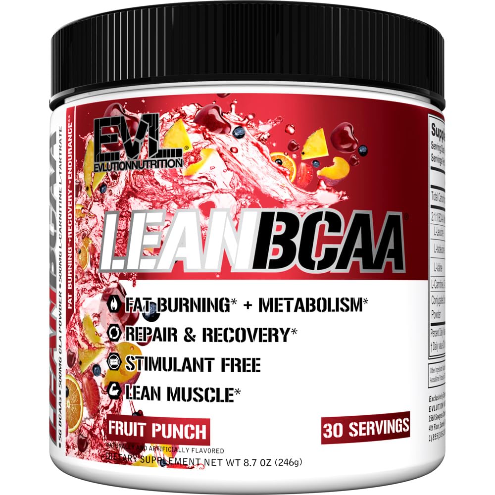 Stymulant wolny Lean BCAA proszek - Evlution Nutrition BCAA Acids Amino Proszek z CLA Karnityna i 2: 1: 1 Rozgałęziony łańcuch Amino Acids wspomaga odzysk mięśni spalanie tłuszczu i metabolizm - owocowy Punch