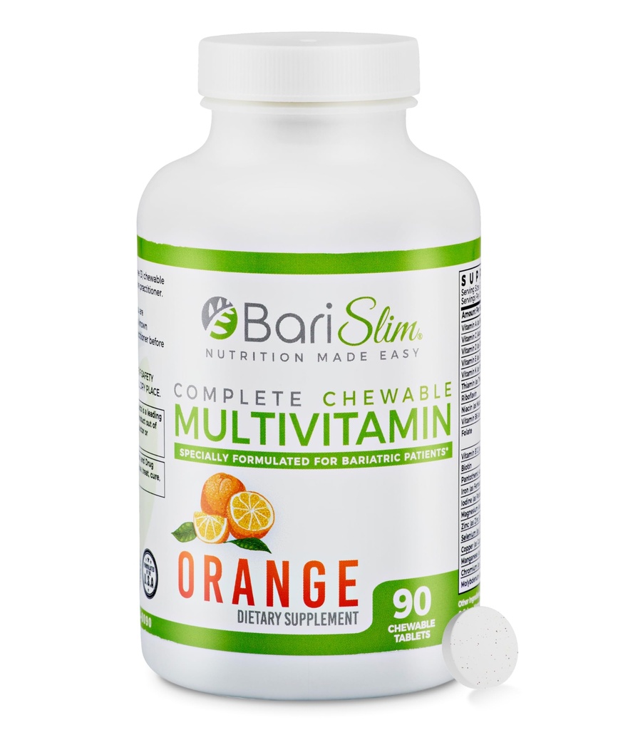 BariSlim Kompletne tabletki do rozgryzania i żucia Bariatric Multivitamine - 45 mg Witamina bariatryczna i suplement do stosowania po zabiegach bariatrycznych Włączając w to obejście i sen z żołądkiem - Pyszne i wygodne 124; Pomarańcza