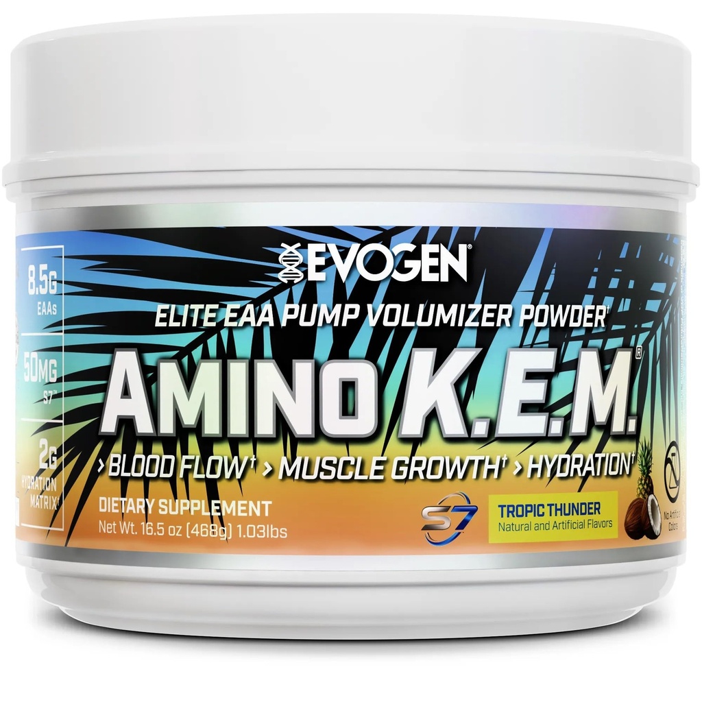 Evogen Amino K.E.M. - EAA & BCAA Pompa proszkowa Glumizer 124; BCAAs Amino Acids Supplement for Blood Flow, Muscle Growth, & Hydration X124; Tropic Thunder X124; 30 Służenie
