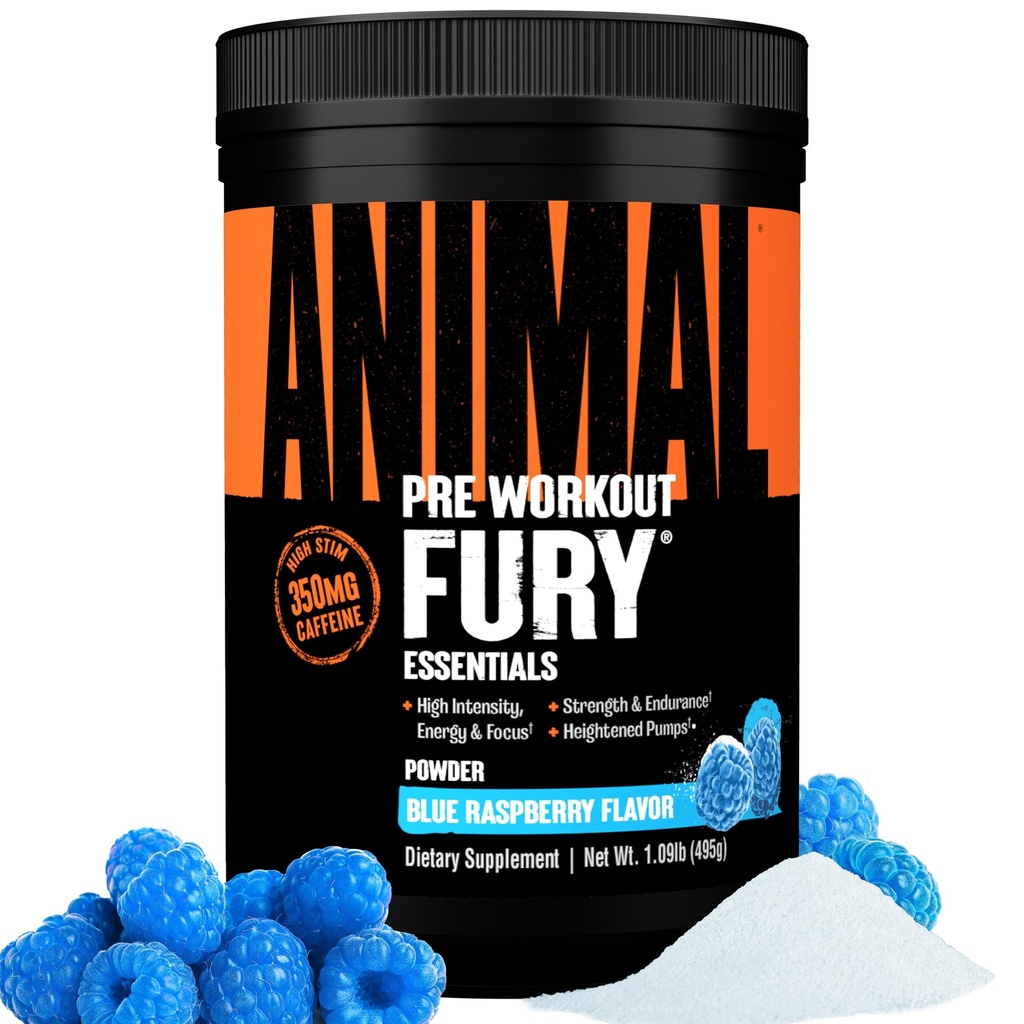 Furia zwierzęca - Suplement do Proszek do przygotowania wstępnego dla energii i skupienia - 5g BCAA, 350mg Kofeina tlenek azotu Bez Kreatyny - Silny Stymulant dla Bodybuilders - Błękitna Malina