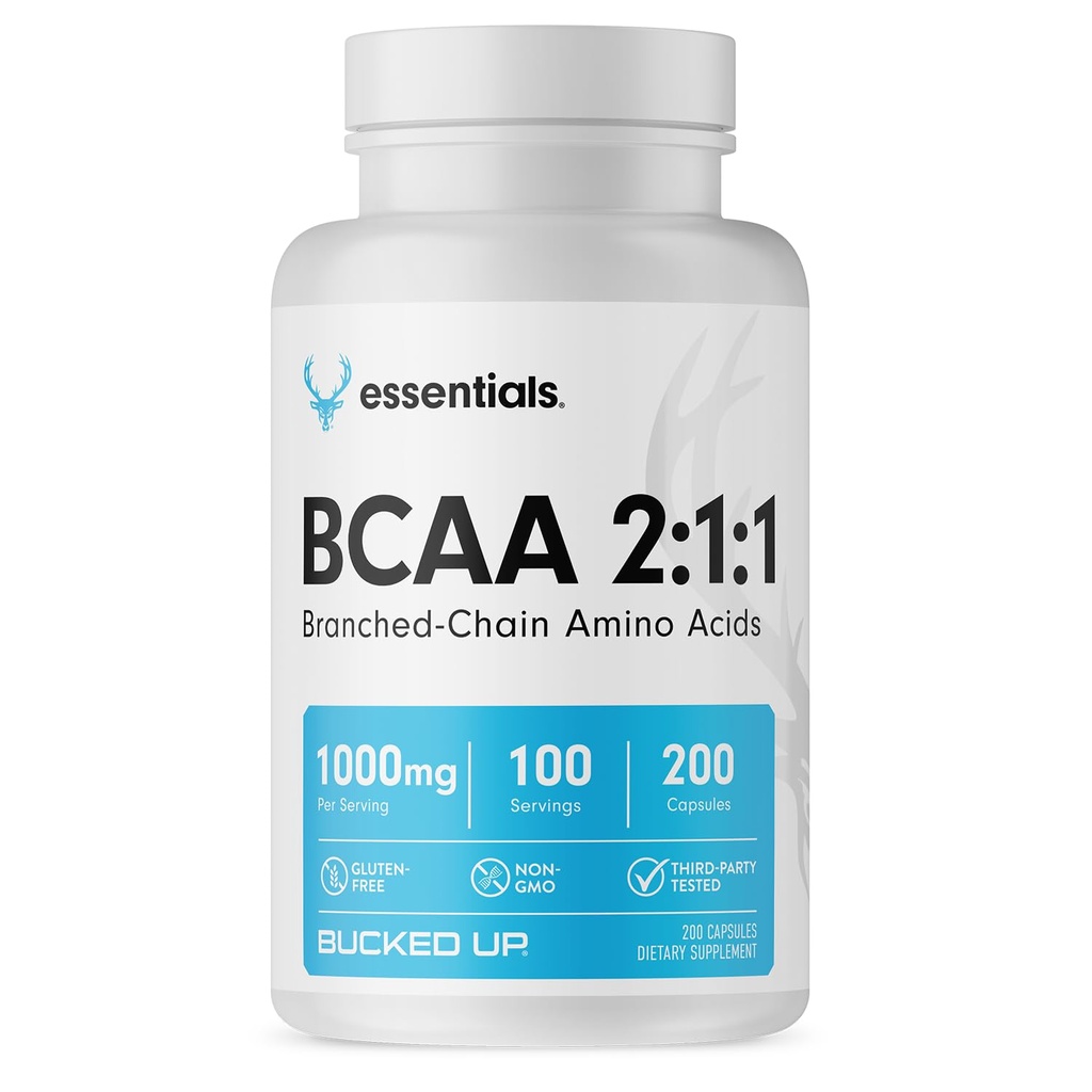 Bucked Up BCAA 2: 1: 1 Kapsułki 124; Branched Chain Amino Acids Supples 124; 1000mg Per Serving Assistance 124; Gluten Free, Nie GMO, Trzecia strona Tested 124; BCAA Supplement 100 Służenia (200 Kapsułki)