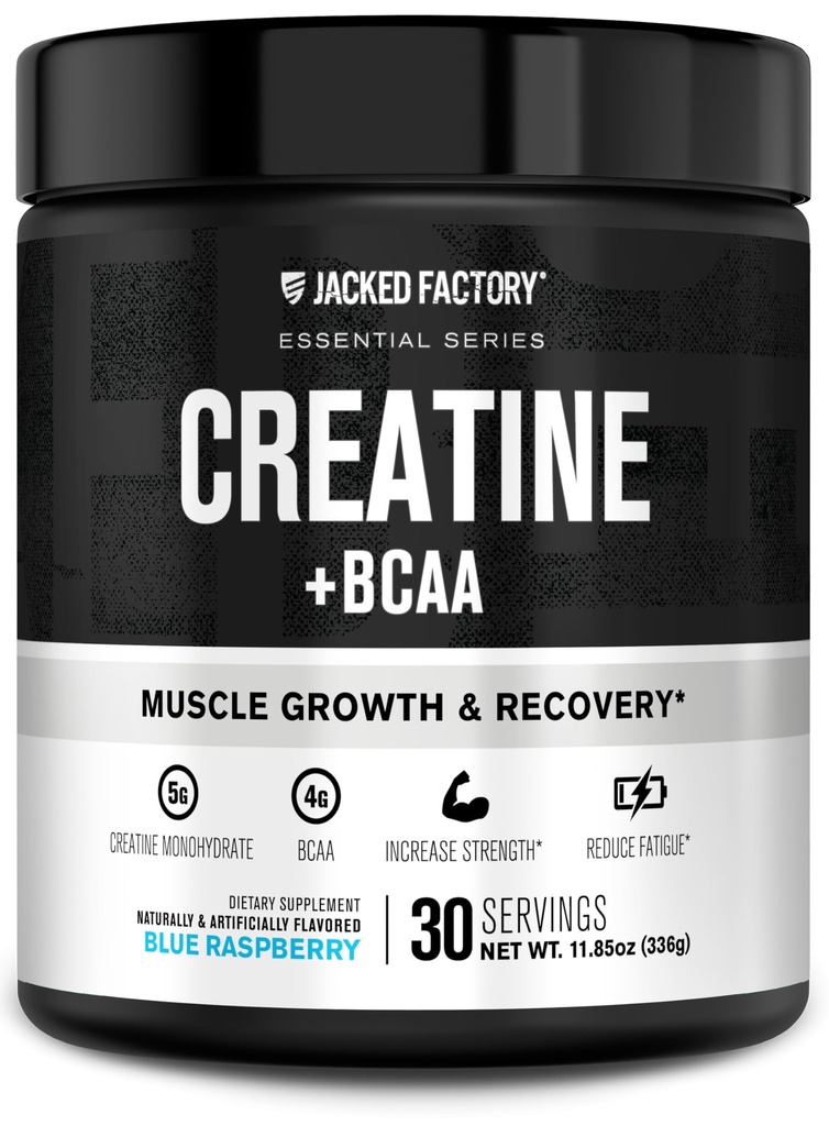 Jacked Factory Creapine + BCAA - Monowodny Kreator + BCAA Proszek do zwiększonej regeneracji Post- Workout, Performance, Lean Muscle Growth, & Zmniejszony zmęczenie - 30 Służenia, Niebieski Malina