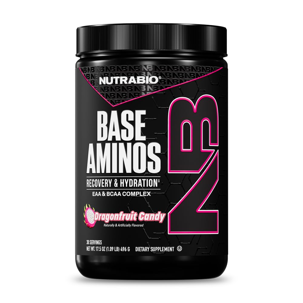 NutraBio Base Aminos EAA + BCAA Proszek -10g Esential Amino Acids Supplement, 6g 2: 1: 1 BCAA, 2.8g Nawodnienie Matrix z elektrolitami i Wchłanianie Wzmacniacz AstraGin ® - 30 Servings- Dragon Fruit Candy