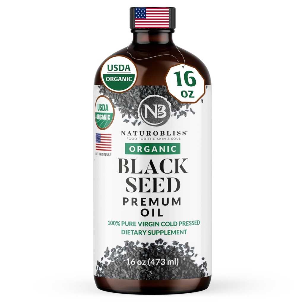 NaturoBliss Organic Black Seed Oil 100 Virgin Cold Pressed in Glass Bottle Omega 3 6 9 Super przeciwutleniacz immunologiczny Joints Mobilność trawienie Włosy Skóra Wegańska Bez glutenu NonGMO USDA Certyfikowany 16oz
