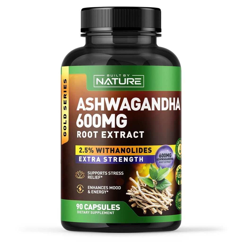 Built by Nature Ashwagandha Supplement – Extra Strength Ashwagandha Capsules 600mg – Standardized 2.5% Withanolides – Ashwagandha for Men & Women – Stress, Mood & Energy Support – 90 Capsules