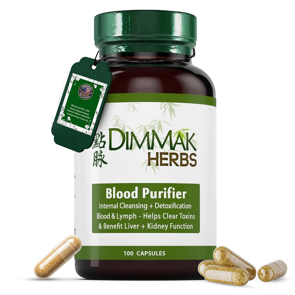 Zioła Dimmak Certified Organic Blood Cleansing for Internal Cleansing & Detoxification + korzyści Wątroba i nerka Funkcja 124; Lab Tested Herbal Supplement 100 Kapsułki