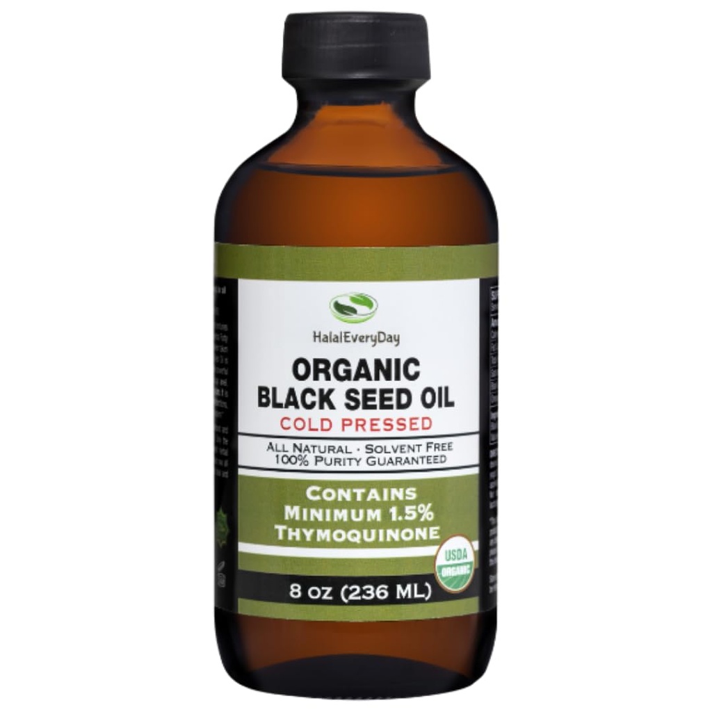 Organic Black Seed Oil - USDA Certified Cold Pressed Glass Bottle Ponad 1,5% Thymoquinone 3X wytrzymałość Turecki Czarny Kmin Nigella Sativa non-GMO 100% Czysty olejek Blackseed (8oz Butelka szklana)