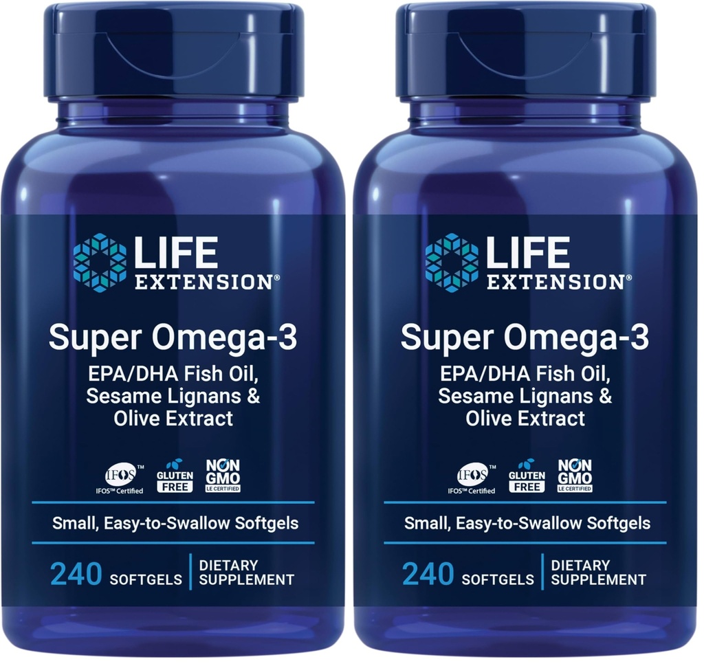 Life Extension Super Omega-3 EPA / DHA Fish Oil, Sezame Lignans & Olive Extract - Serce, Mózg, Inflatimate Health Support, Gluten- Free, Easy to Swallow, Non-GMO, 240 Softgels (Opakowanie 2)