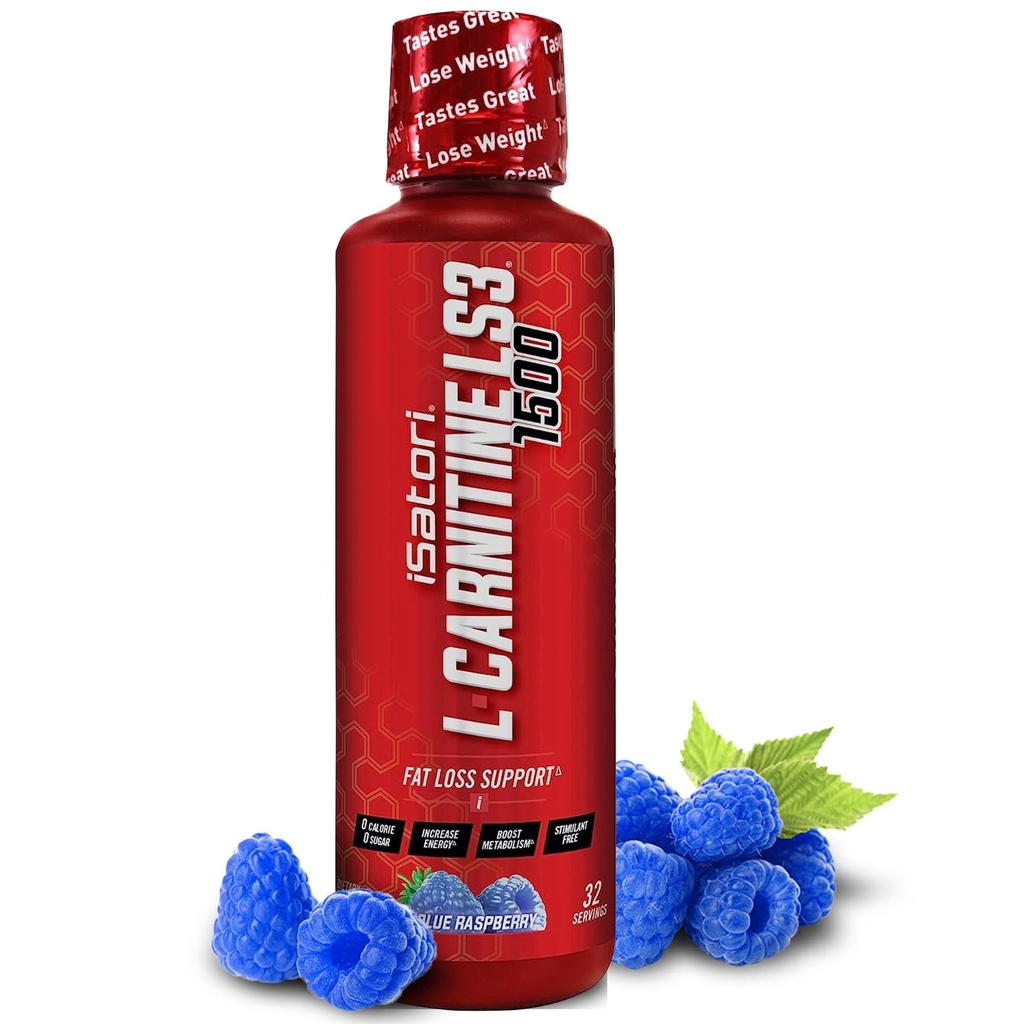 ISatori L- Carnitine LS3 1500, Triple- Mieszanka płynna L Karnityna Suplement, z acetylem i winian, Stymulant Free Energy, niskie kalorie, Cukier lub gluten, Keto- Friendly, Blue Malina (32 Służenie)