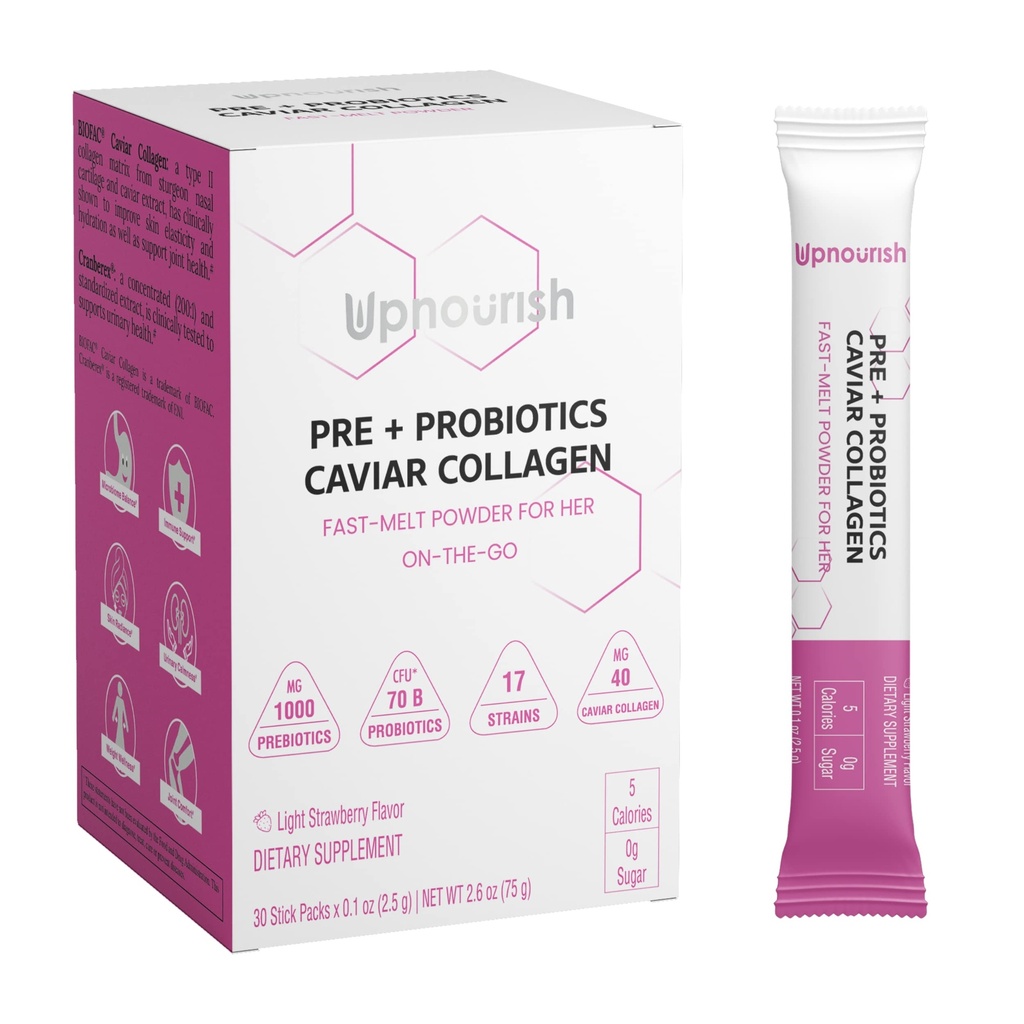 UpNourish Probiotics, Caviar Collagen with Prebiotics for Women's Digestive, Skin Radiance, and Feminine Health with Cranberry Extract & D-Mannose, 30 Fast-melt Packets