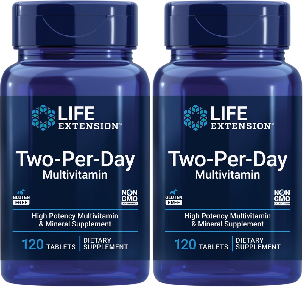 Przedłużenie życia Two-Per- Day High Potency Multi- Witamina & Suplement mineralny - Witaminy, Minerały, Ekstrakty roślinne, Quercetin, 5-MTHF Folate & More - Gluten- Free - Non-GMO - 120 Tabletki (Opakowanie 2)