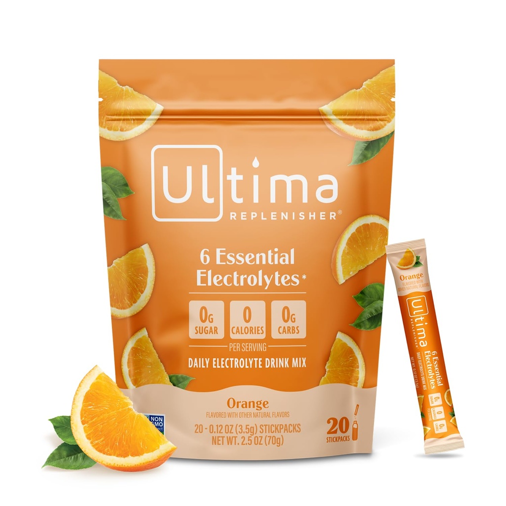 Ultima Replenisher Daily Electrolyte Powder Drink Mix -Sugar Free - Orange, 20 Stickpack - Pakiety nawadniające z 6 Kluczowe elektrolity i minerały śladowe - Keto Friendly, Wegan, Non-GMO