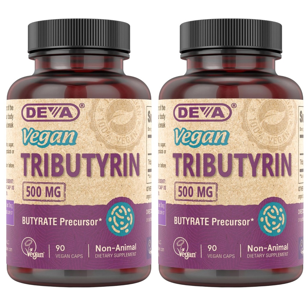 DEVA Vegan Tributyrin Supplement - Prekursor Butyrate, Gut Barrier Support, Kwas butyryczny, 500 MG Vegan Kapsułki, Leaky Gut Support, trawienie, 90 Count (Pack of 2)