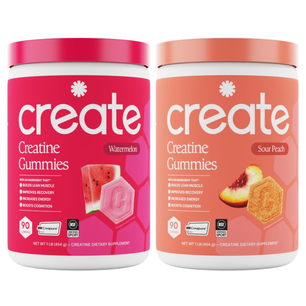 Create Creature Monohydrate Gummies - Dzień Plaży Duo - Sour Peach & Artermelon - Gummies Creature dla kobiet i mężczyzn, NSF Certified, III Party Tested, Anti-Melting Formula, 180 Count (2- Pack)