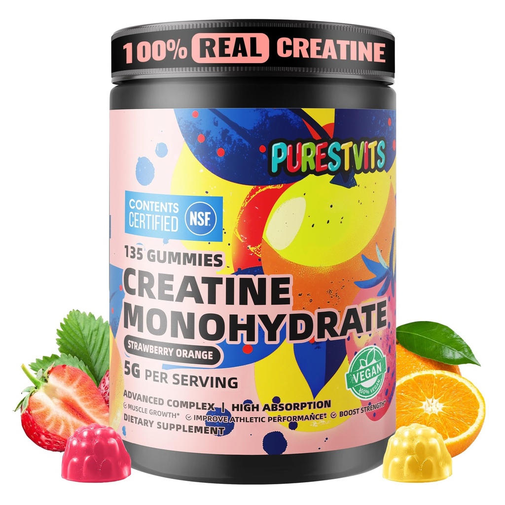 NSF Certified Creatine Gummy 5g - Monohydrat Gummies - Wstępny trening energii i wsparcia wzrostu mięśni dla mężczyzn i kobiet 124; Pomarańczowe gumki Electrolyte Pomarańczowe (135 Count)