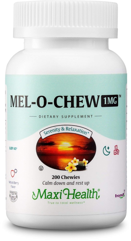 Maxi Health 1mg Melatonina Chewables - Dorośli i Dzieci Melatonina do zachęcania do naturalnego snu - Non-Habit Forming Kosher Sen Suplement z Enzymax dla Fast- Acting Support (200 jednostek)