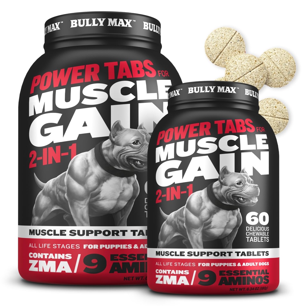 Bully Max 2-in-1 Muscle Builder Chewable Tablets for Puppies & Adult Dogs - Dog Vitamin & Supplements for Muscle Gain & Growth - Puppy Multivitamin for All Breeds & Ages - 60 Tabs (2 butelki)