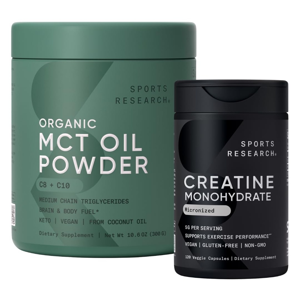 Sports Research ® Keto Pack z monohydratami kreatynowymi i organicznym proszkiem oleju MCT - Keto & Vegan MCTs C8, C10 z kokosów