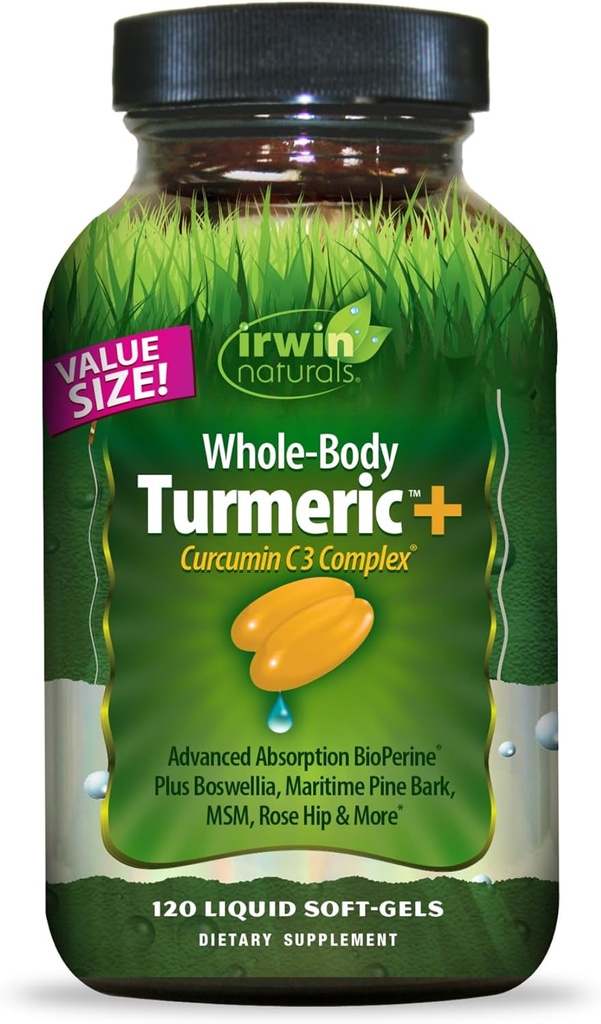 Irwin Naturals Całoustrojowy Turmeric + Curcumin C3 Complex - 120 Płynne Soft- żele - z Boswellia, Morski Pine Bark, MSM & Rose Hip