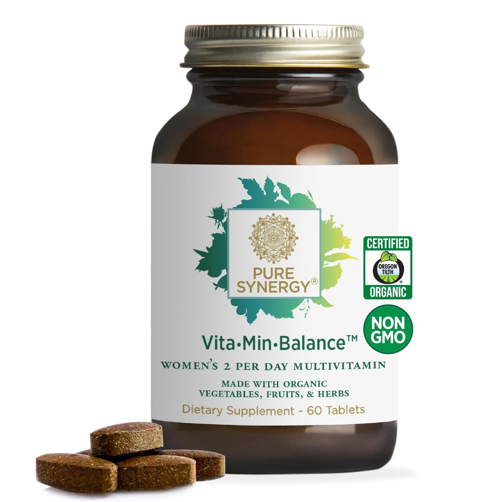 PURE SYNERGY Vita · Min · Balance Bilans 124; Multiwitamina dla kobiet z żeliwem 124; Daily Multivitamine Kobiet Made with Organic Whole Foods Incorporated 124; dla zrównoważonej energii i wsparcia stresu (60 tabletek)