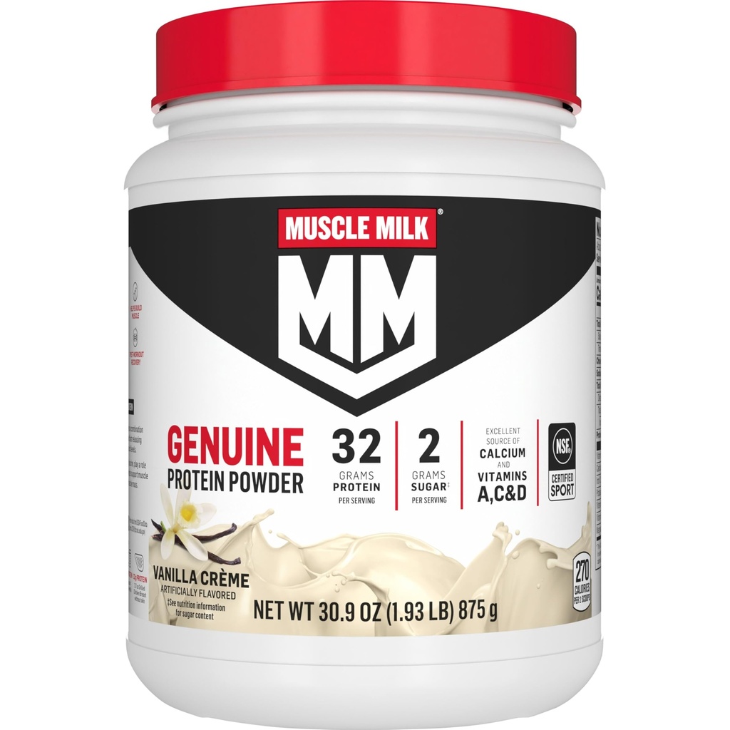 Mięśnie Mleko Genuine Protein Powder, Vanilla Crème, 1.93 Funty, 12 Słupki, 32g Białko, 2g Cukier, Wapń, Witaminy A, C & D, NSF Certified for Sport, Energizing Snack, Packaging May Vary